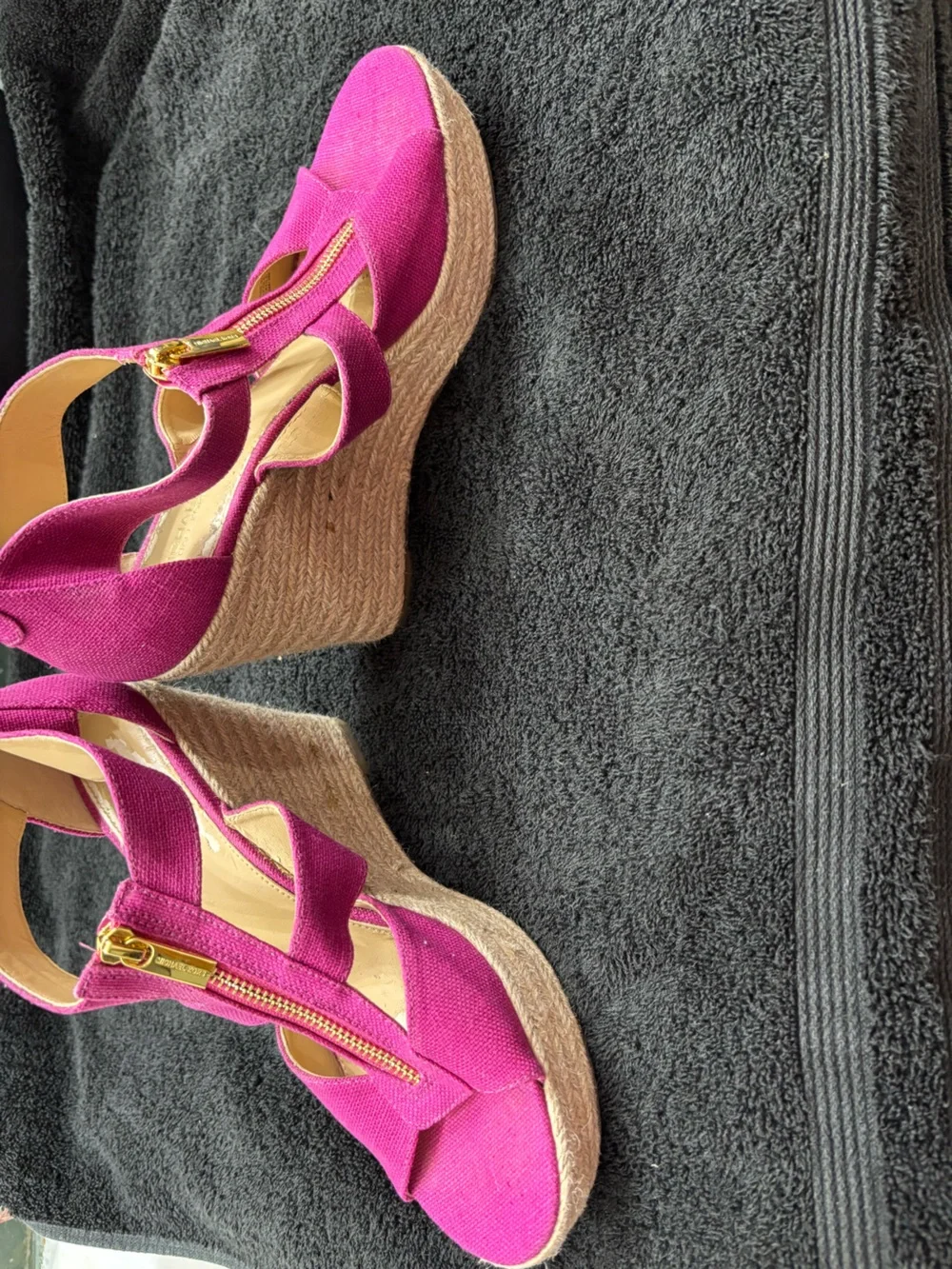 Michael Kors Fuchsia Canvas Espadrille Wedge Sandals with Gold Zipper
